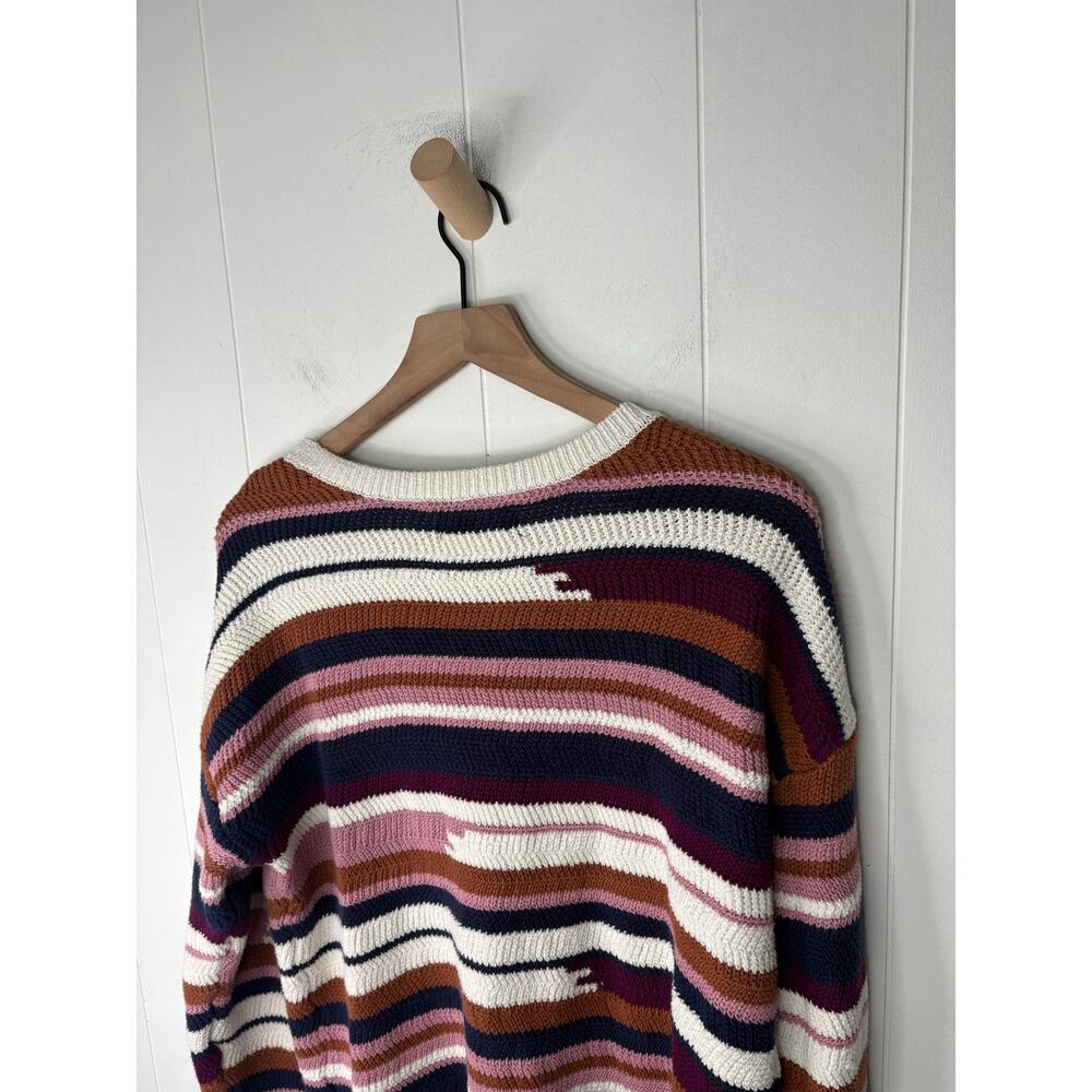 ☀️SALE☀️ Boho Stripe Chunky Knit Crewneck Sweater Large Mauve Cottagecore Cozy - Picture 6 of 7